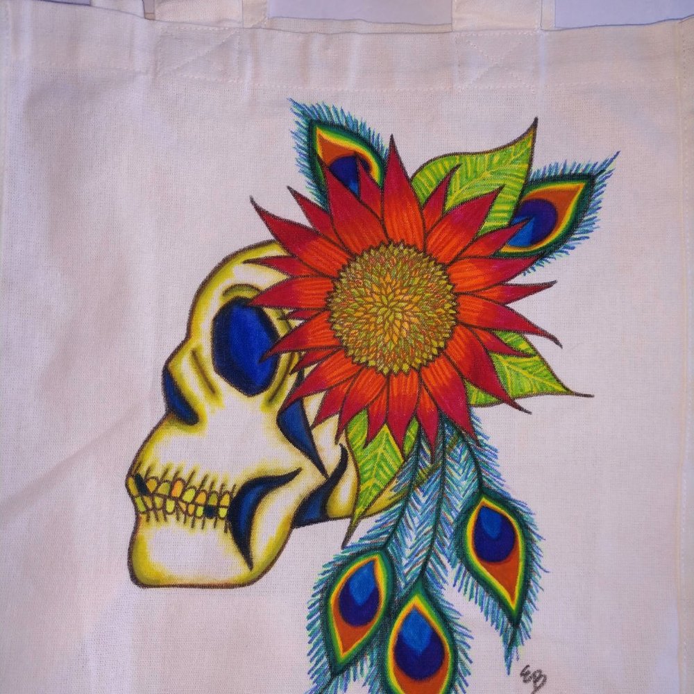 Hand-Painted Skull Tote Bag: Sunflower & Peacock Feather Art 14x13x7 - Picture 10 of 16